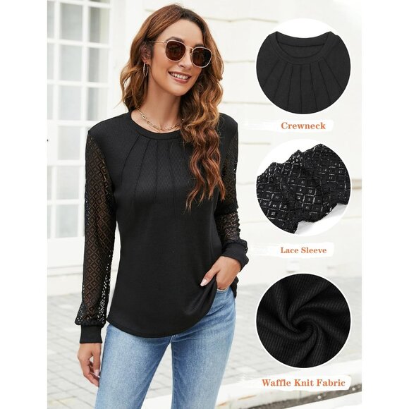 Women's Waffle Knit Tops Dressy Business Casual Blouses Lace Long Sleeve Black - Picture 3 of 8
